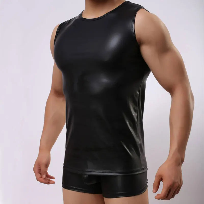 Men Tank Tops Faux Leather Black Sleeveless Vest Sexy Men's Tops Shaper Body Club Wear Gay Cool Man Tops Shirts