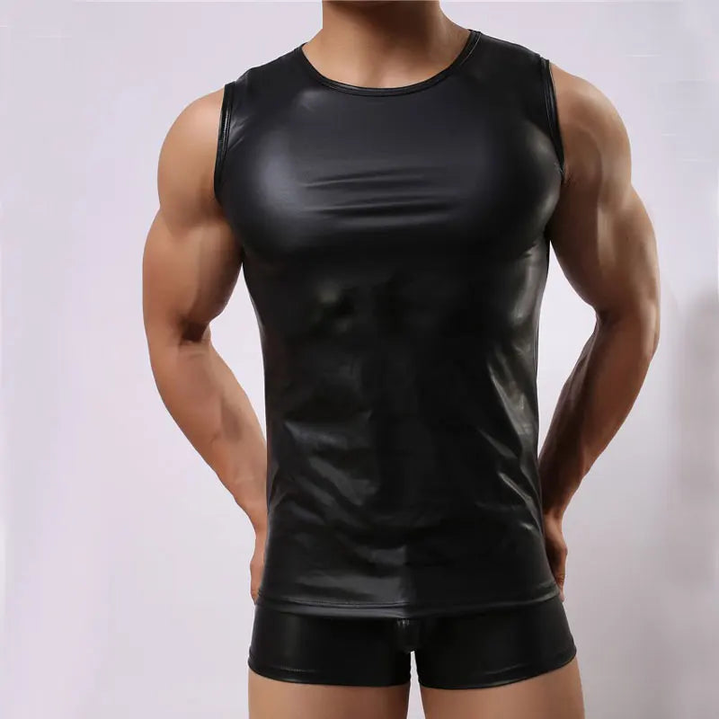 Men Tank Tops Faux Leather Black Sleeveless Vest Sexy Men's Tops Shaper Body Club Wear Gay Cool Man Tops Shirts