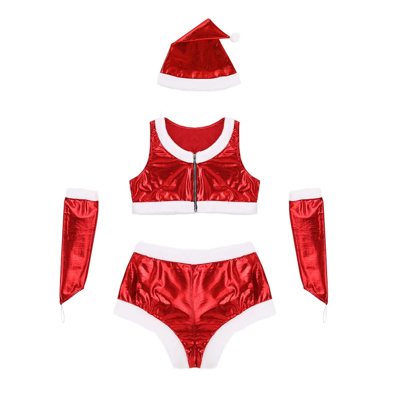 Women Hot Sexy Christmas Costume White Flannel Shiny Metallic Crop Tops with Shorts Hat Arm Wrap Santa Fancy Dress Red Outfits