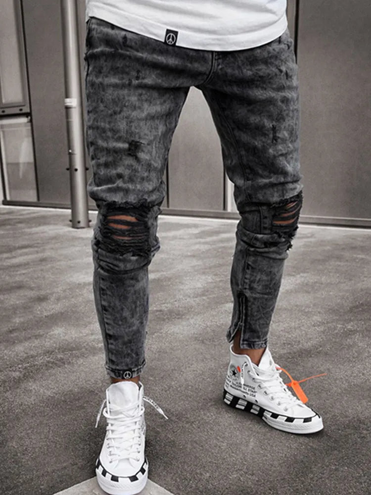 Biker Jeans Men's Distressed Stretch Ripped Biker Jeans Men Hip Hop Slim Fit Holes Punk Jeans Zipper Pure Color Denim Pants