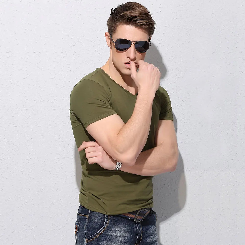 Summer T Shirt Slim Fit Cotton V Collar T Shirts Men's Fitness Tees 2024 New Style Mens Short Sleeve for Men Big Size to XXXXXL