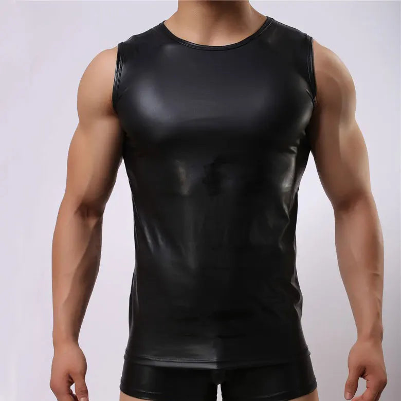 Men Tank Tops Faux Leather Black Sleeveless Vest Sexy Men's Tops Shaper Body Club Wear Gay Cool Man Tops Shirts