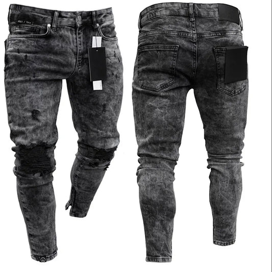 Biker Jeans Men's Distressed Stretch Ripped Biker Jeans Men Hip Hop Slim Fit Holes Punk Jeans Zipper Pure Color Denim Pants