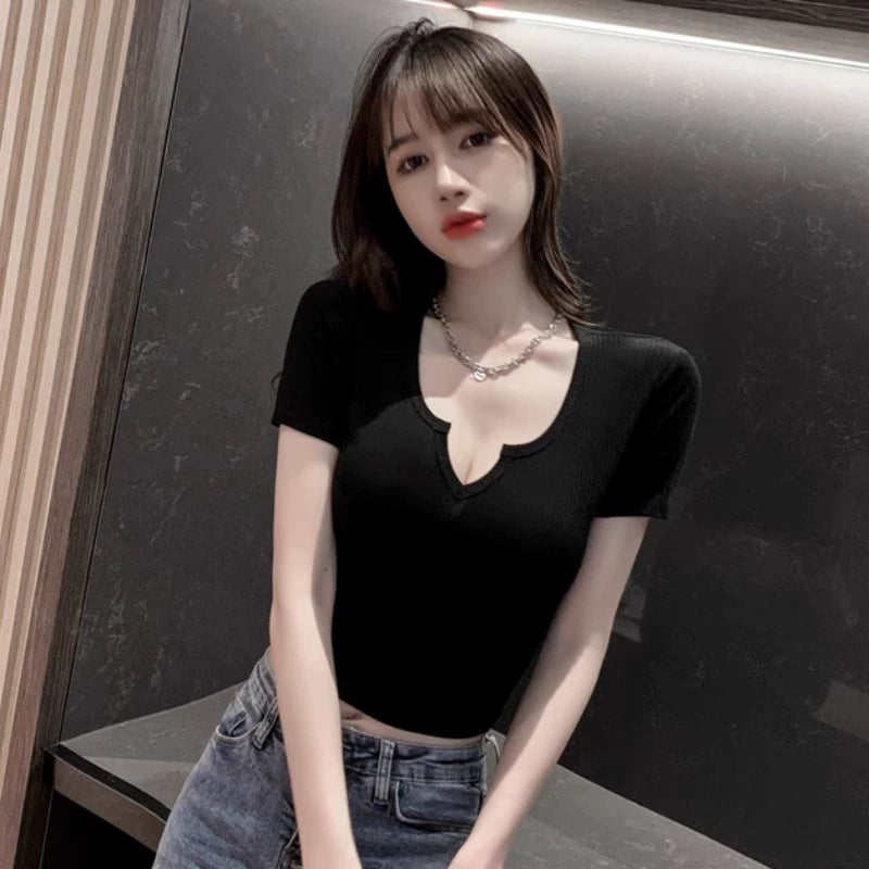 Summer Women's T-shirt Tops Regular V Neck Short Sleeve Tight High Waist Sexy Crop Top Low-Cut Slimming Fashion K-style Tide