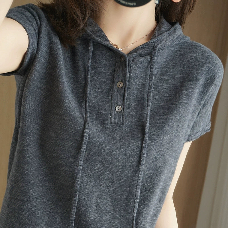 T-shirt Loose V-neck Knitting Belt Hat Thin Short Sleeve