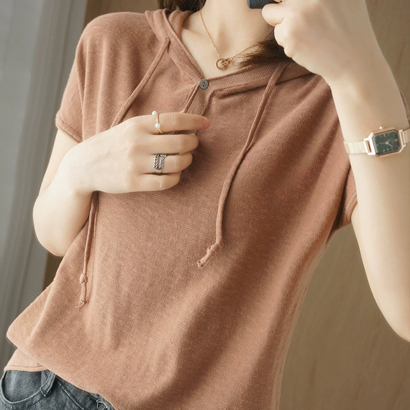 T-shirt Loose V-neck Knitting Belt Hat Thin Short Sleeve