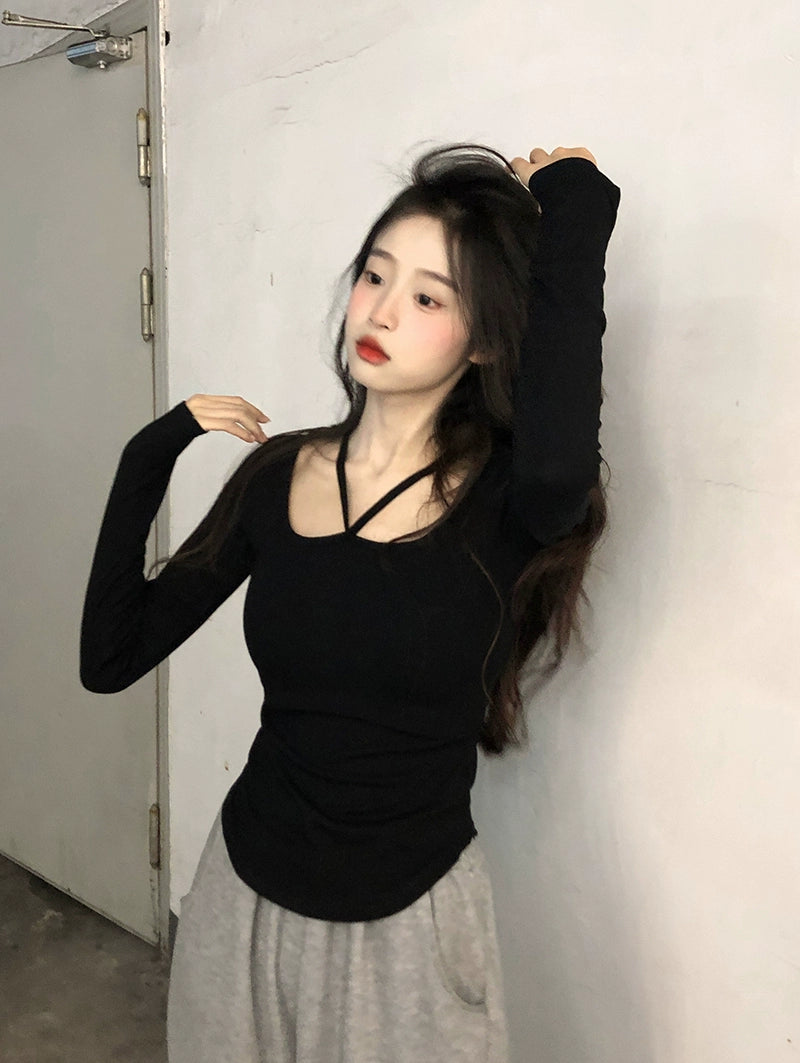 Fancy Long-Sleeved T-shirt Slim-Fit Hot Girl Top Halter