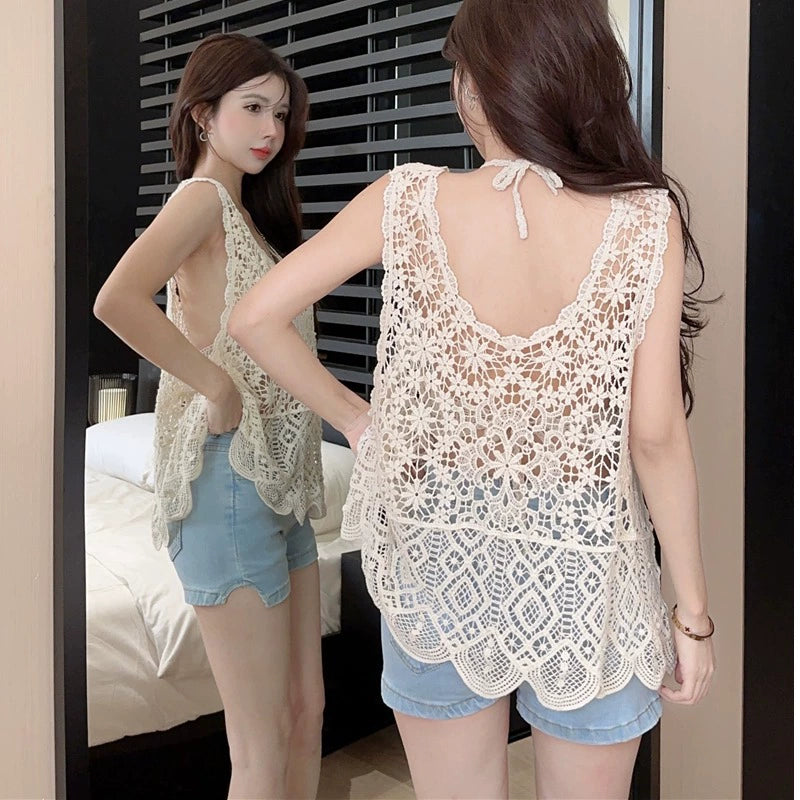 V Neck Sun Protective Blouse Sleeveless Loose Top Lace