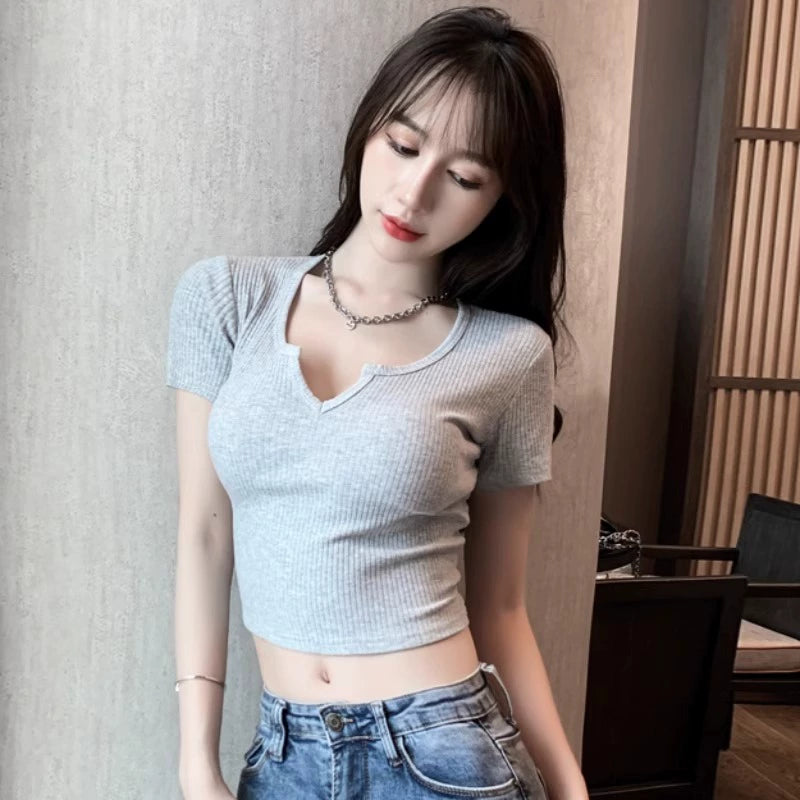 Summer Women's T-shirt Tops Regular V Neck Short Sleeve Tight High Waist Sexy Crop Top Low-Cut Slimming Fashion K-style Tide