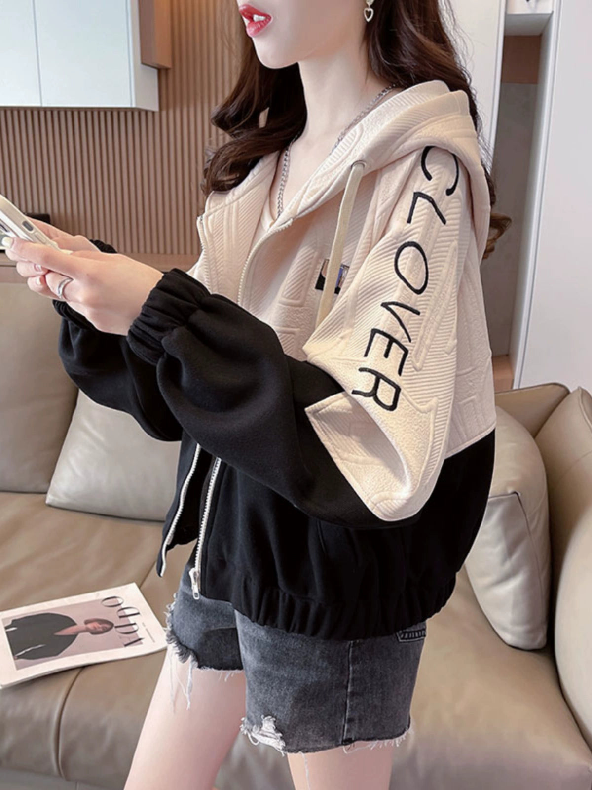 Hooded Color Contrast Spring and Autumn Leisure All-Matching Short Sweater