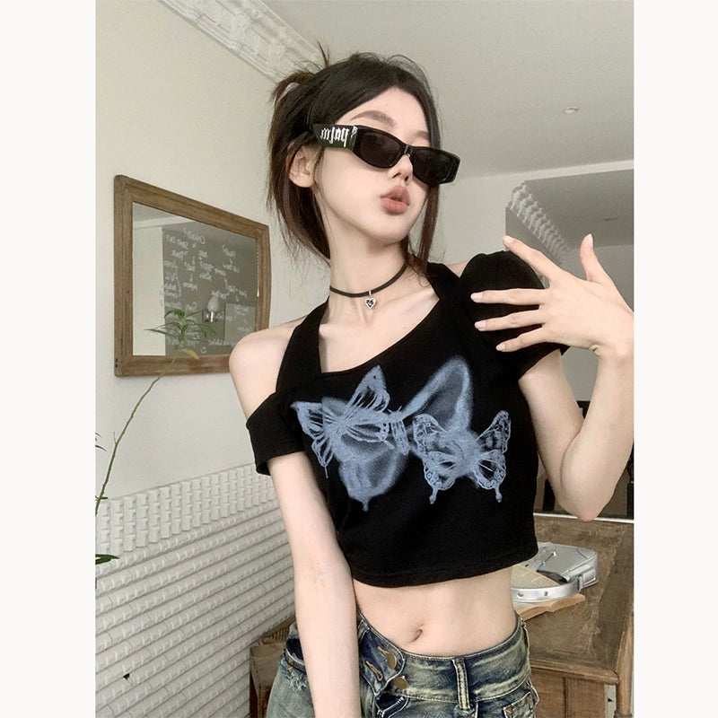 American Style Sexy Black Butterfly off-Shoulder Halter Short-Sleeved T-shirt Women's Summer Slim-Fit Slimming and Short Crop Top Shoulder Top