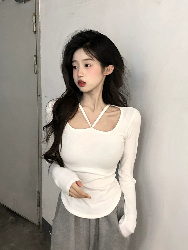 Fancy Long-Sleeved T-shirt Slim-Fit Hot Girl Top Halter