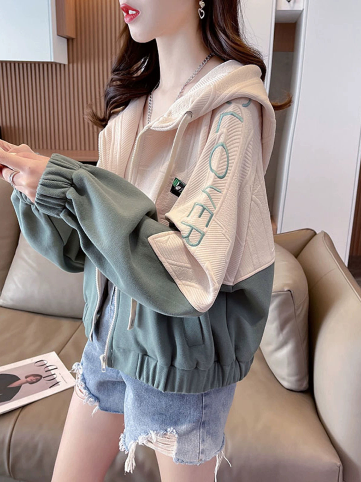 Hooded Color Contrast Spring and Autumn Leisure All-Matching Short Sweater