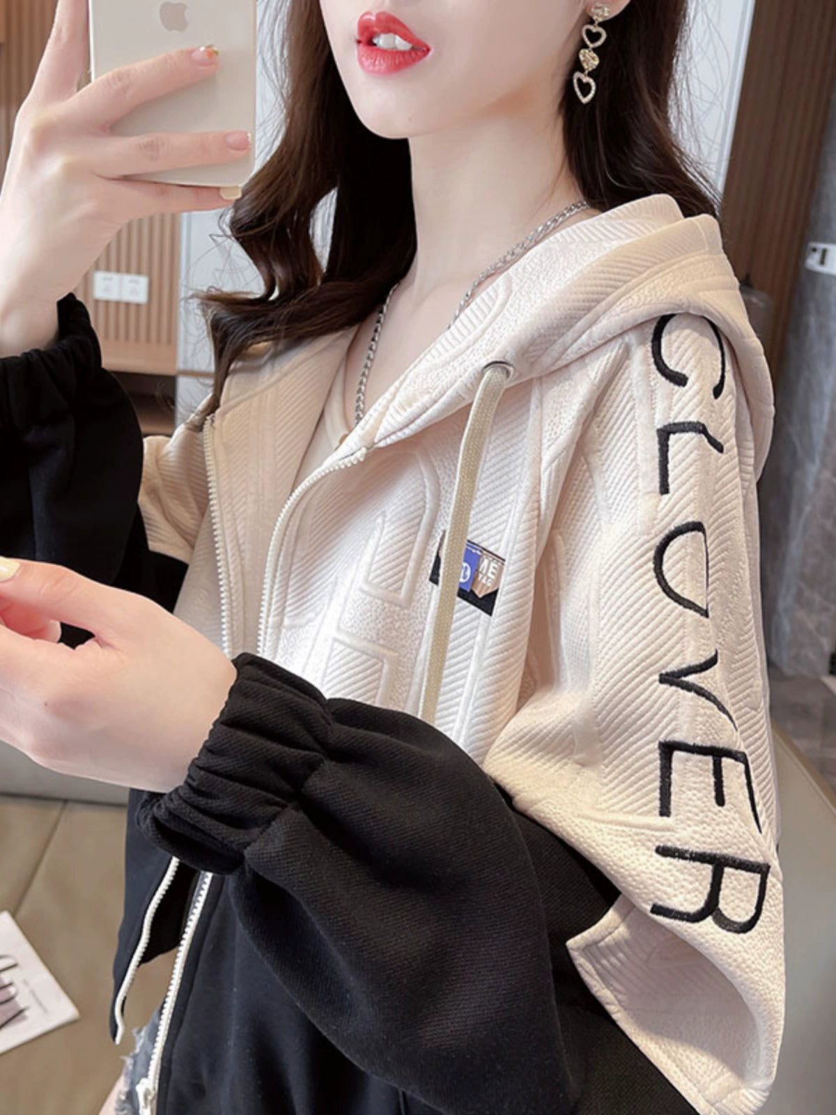 Hooded Color Contrast Spring and Autumn Leisure All-Matching Short Sweater