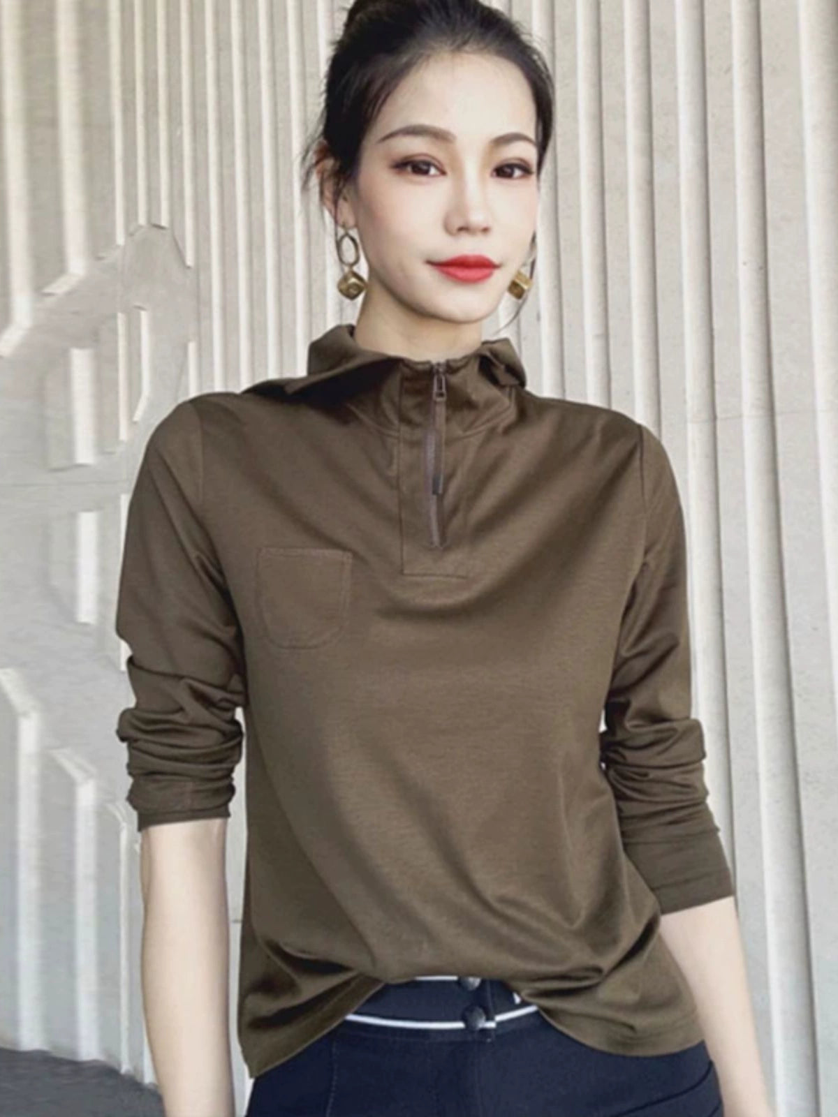 White Collar Girdear New Slim Pocket Long-Sleeve Zipper T-shirt