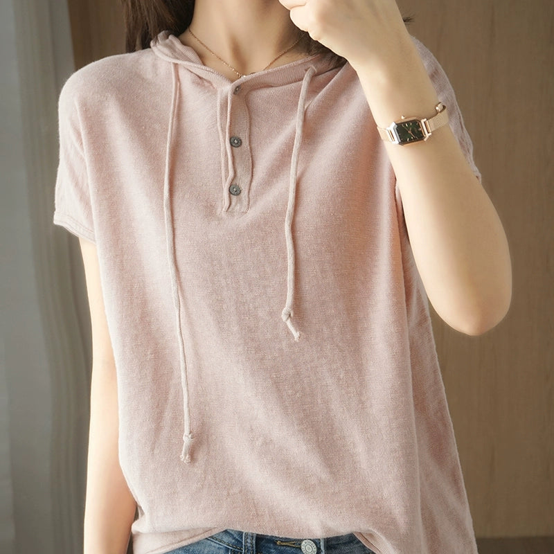 T-shirt Loose V-neck Knitting Belt Hat Thin Short Sleeve