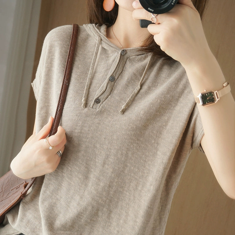 T-shirt Loose V-neck Knitting Belt Hat Thin Short Sleeve