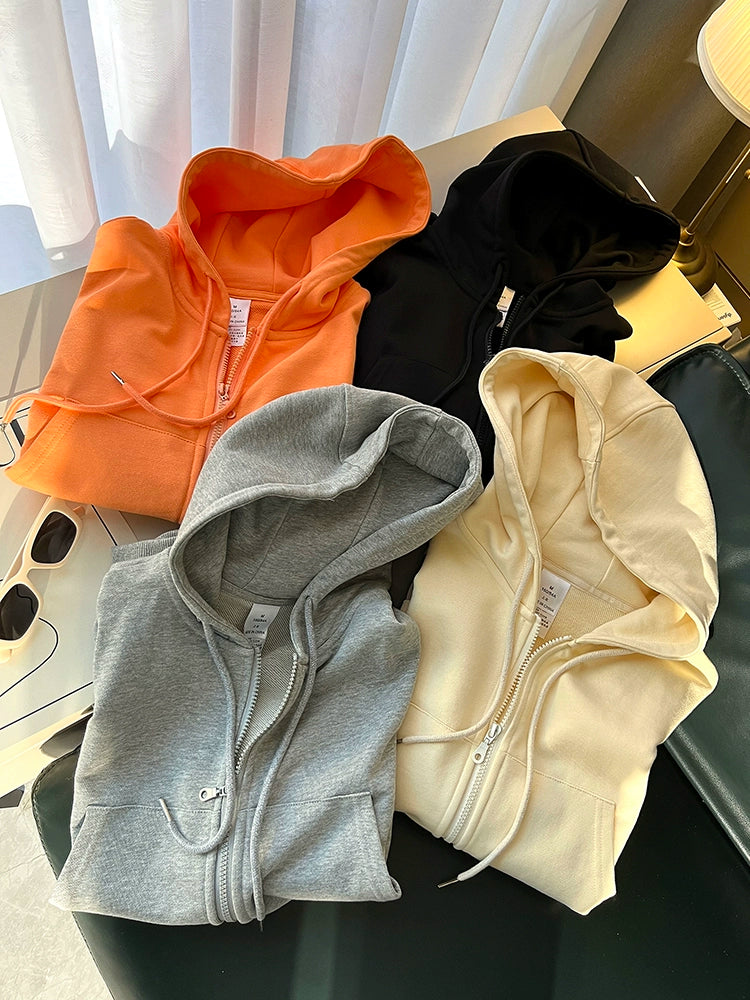 Apricot Short Hoodie Women 2023 Spring and Autumn New Korean Style Loose Hood Zip-up Outerwear Top Thin Fashion Ins