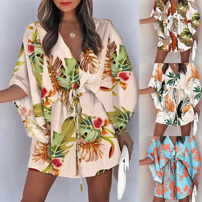 Sexy Deep V Neck Jumpsuit For Women Summer Casual Boho Beach Vacation Outfit Fashion Print Lantern Sleeve Rompers Shorts Women's