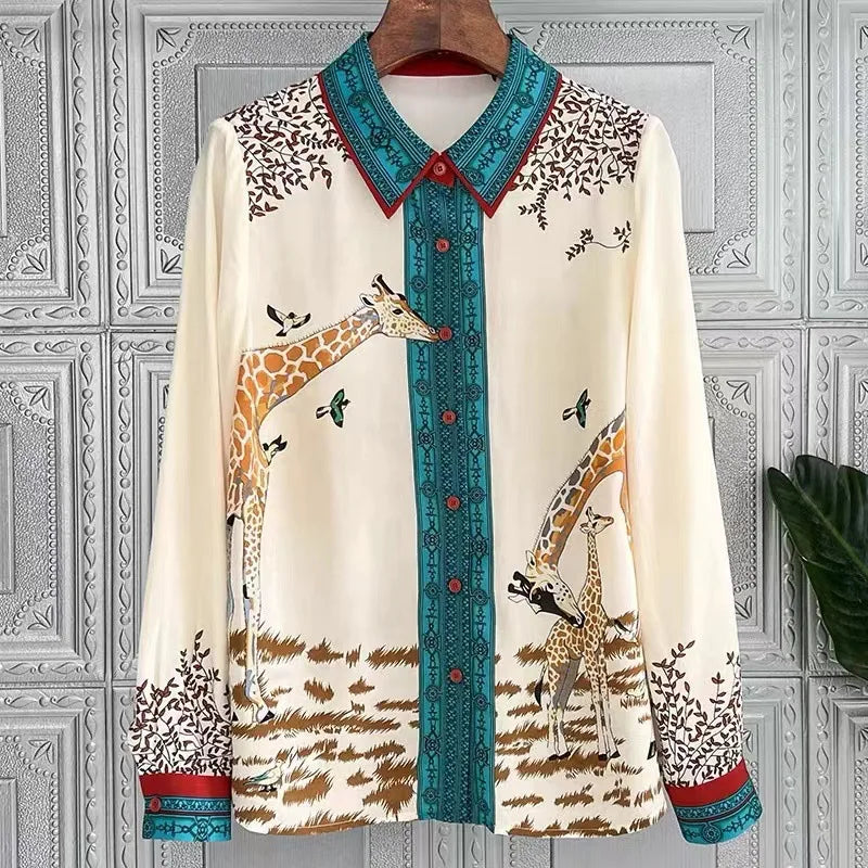 FANIECES Plus Size 3XL Giraffe Print Women Shirts Long Sleeve Lapel Satin Blouse Spring Female Tops Elegant Office Ladies Blusas