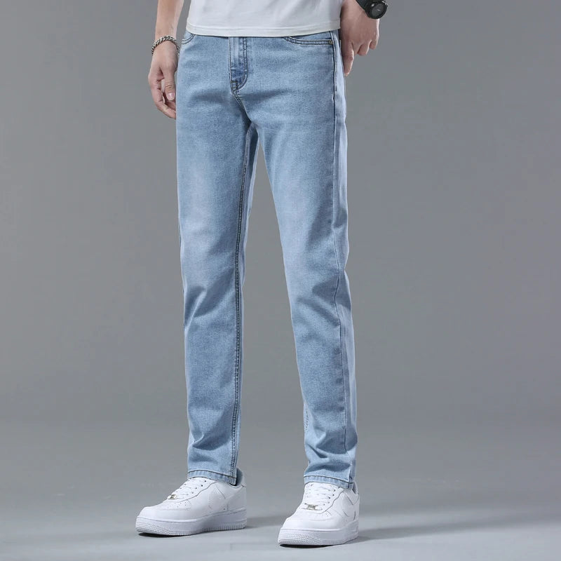 Fashion Light Blue Slim Jeans Men Spring New Classic Regular Stretch Trousers Casual Soft Cotton Denim Trousers Male