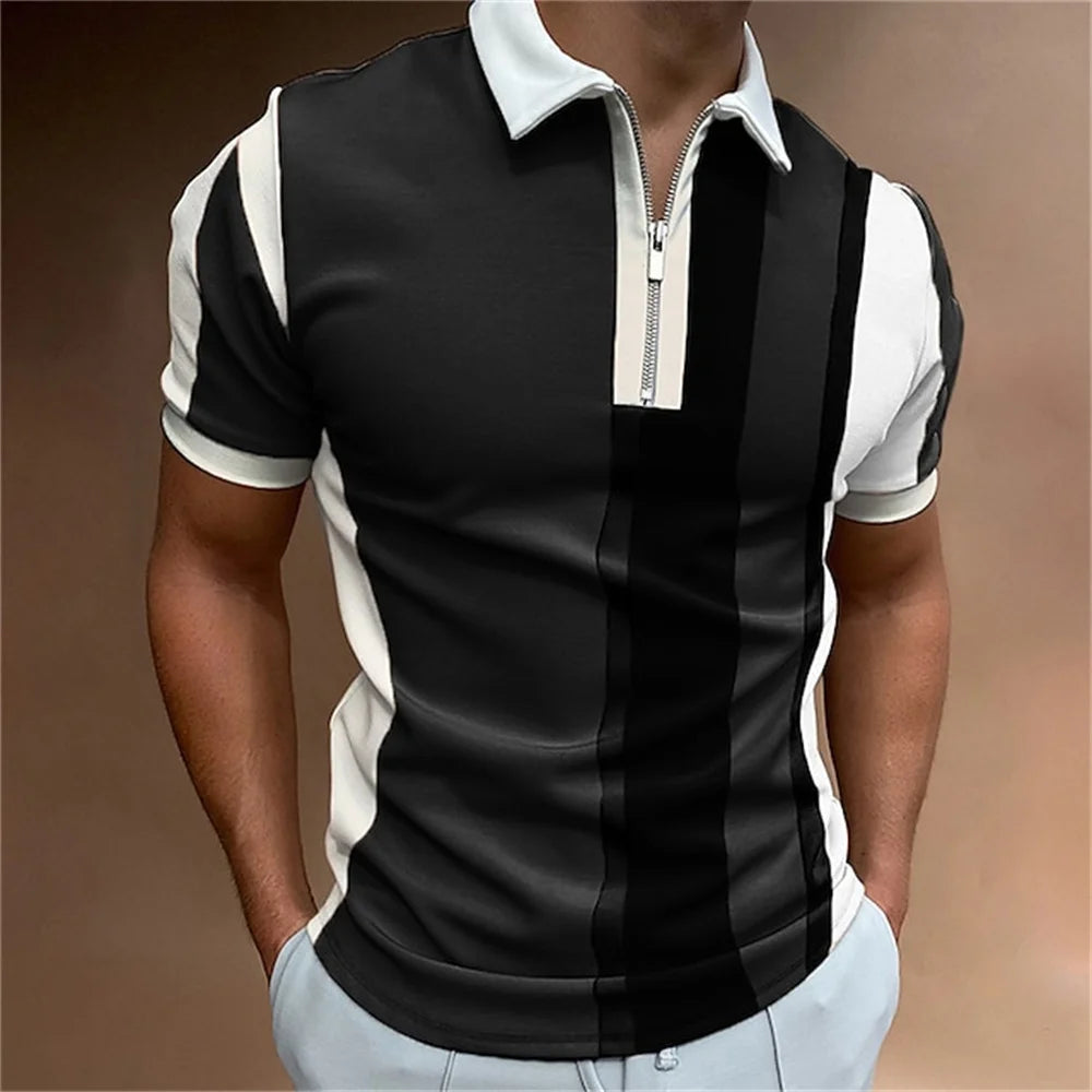 Men Polo Shirt Stripes Short Sleeve T-shirt Male Breathable Tops Business Turn Down Collar Streetwear Luxury Brand High Quality