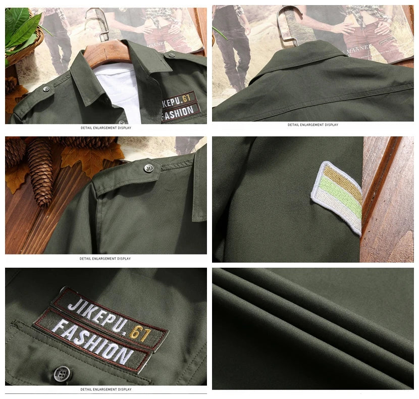 Men's Shirts Military Cotton Shirt Khaki Casual Retro Slim Fit with Pocket Long Sleeve Vintage Jacket Streetwear Drop Shipping