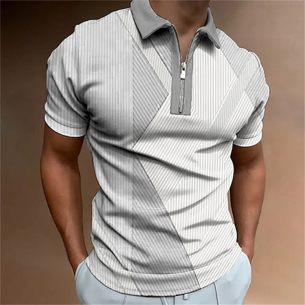 Men Polo Shirt Stripes Short Sleeve T-shirt Male Breathable Tops Business Turn Down Collar Streetwear Luxury Brand High Quality