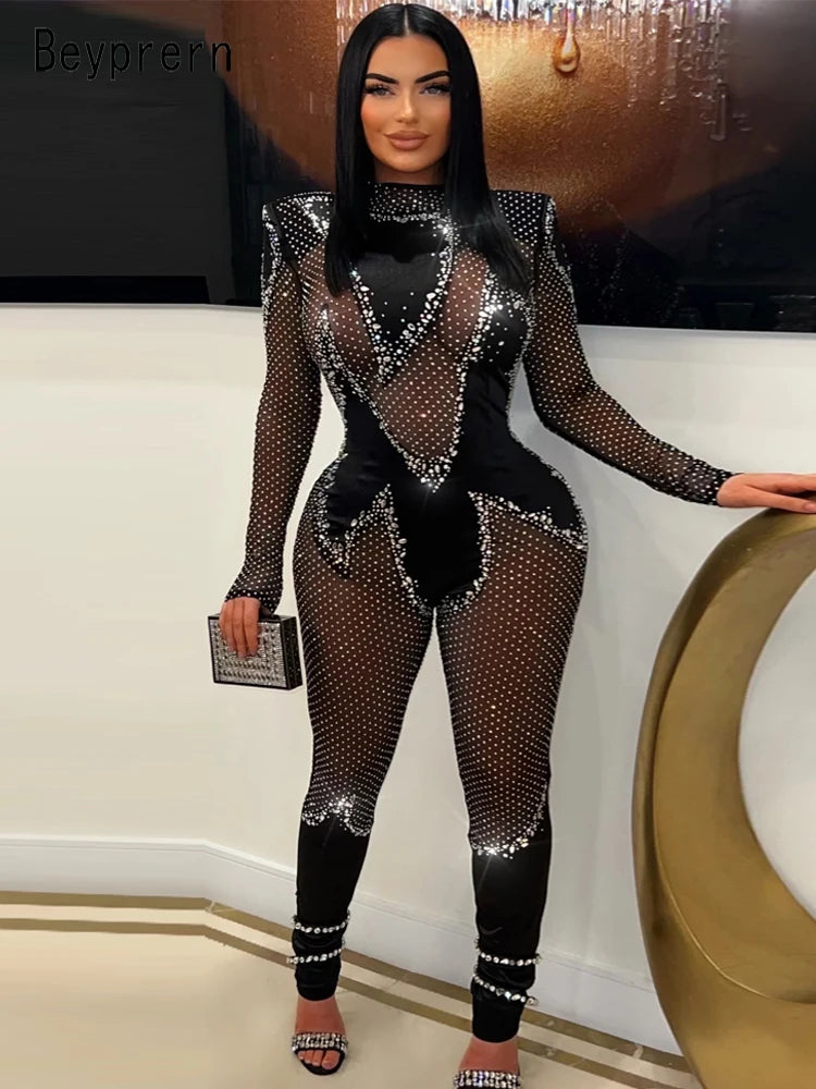 Beyprern Beautiful Black Mesh Patchwork Crystal Jumpsuit Glam Women's Rhinestones Mesh Rompers Birthday Outfits Sexy Clubwear