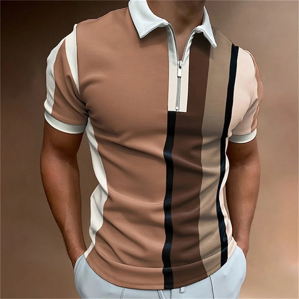 Men Polo Shirt Stripes Short Sleeve T-shirt Male Breathable Tops Business Turn Down Collar Streetwear Luxury Brand High Quality