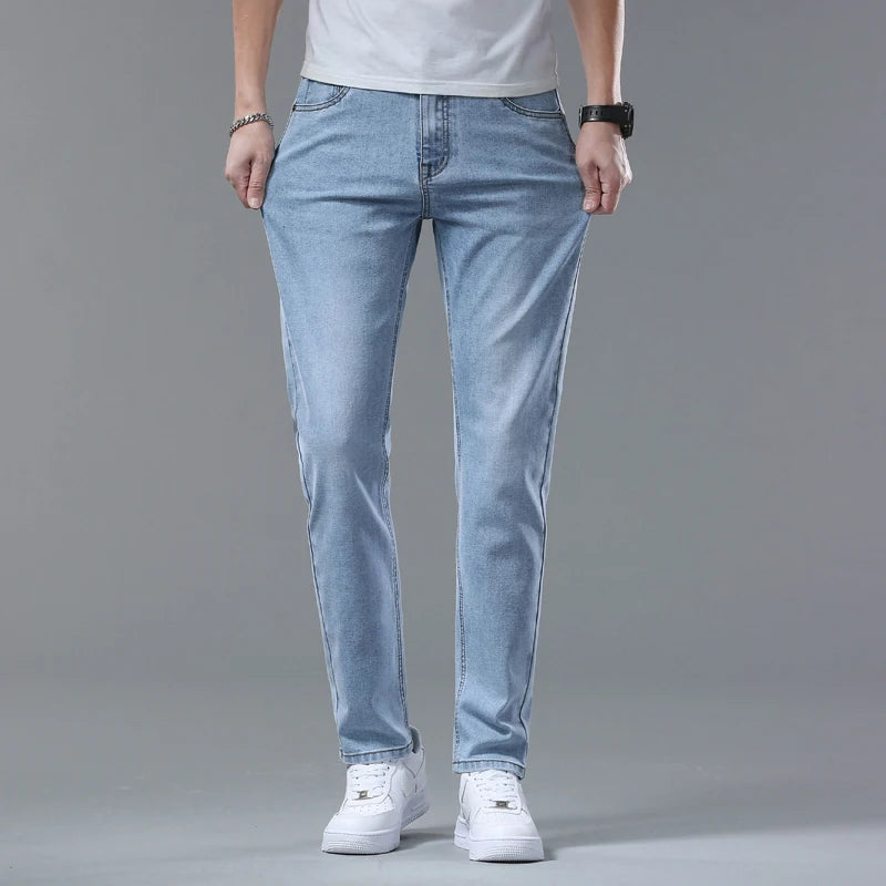 Fashion Light Blue Slim Jeans Men Spring New Classic Regular Stretch Trousers Casual Soft Cotton Denim Trousers Male