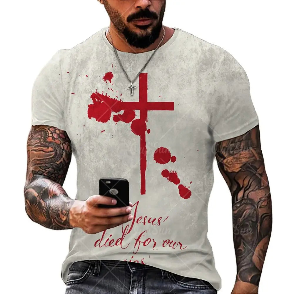 T-shirts For Men Cross Graphic Jesus Christ 3d Print Men's Tshirt Retro Classic Short-sleeved Loose Personality Oversized Tops