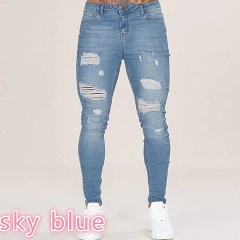 new White Embroidery Jeans Men Cotton Stretchy Ripped Skinny Jeans High Quality Hip Hop Black Hole Slim Fit Oversize Denim Pants