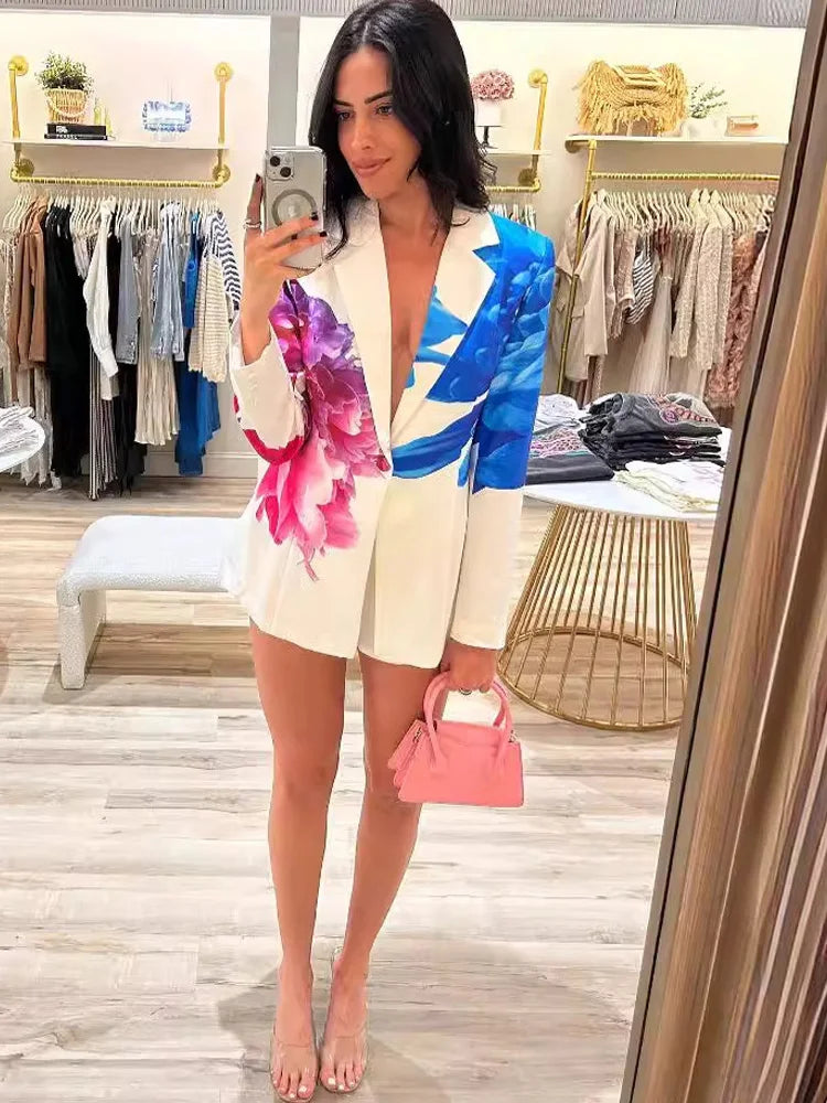 Kricesseen Elegant Flower Print Blazer Matching Shorts Two-Piece Set Women's Blazer Suit Set Office Work Wear Night Club Outfits