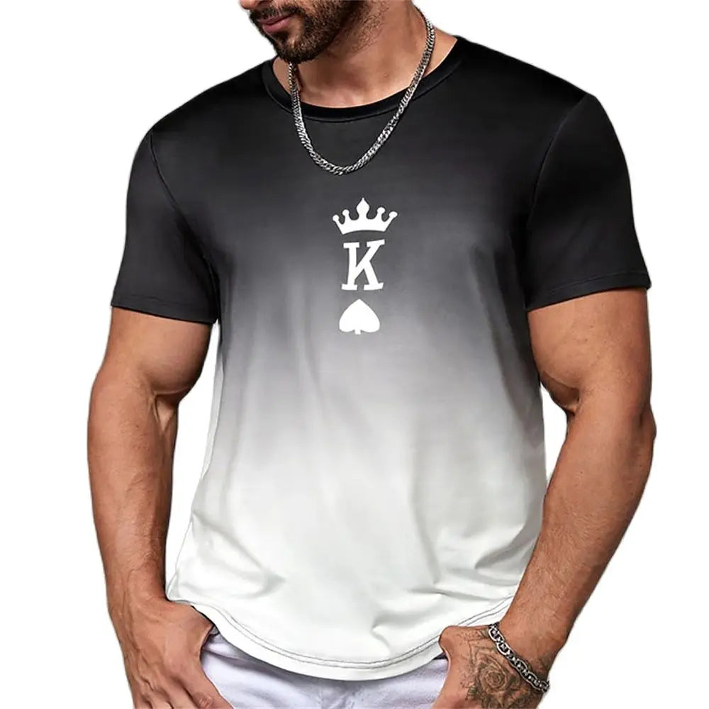 Fashion Gradient Poker Print T Shirts For Men Summer Daily O Collar Polyester Short Sleeve Tee Shirt Large Size Tops Clothing