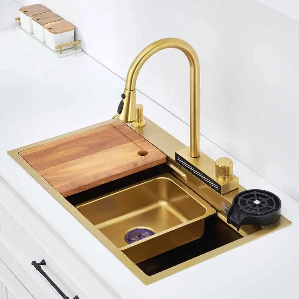 gold kichen sink Waterfall faucet Nano sink 304 Stainless Steel Golden Topmount Single Bowl Wash Basin with chopping board