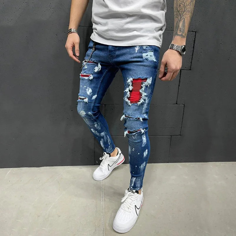 Ripped Jeans Men Stretch Skinny Grey Blue Black Hip Hop Denim Trousers Streetwear Casual Slim Fit Jeans for Men Jogging jean