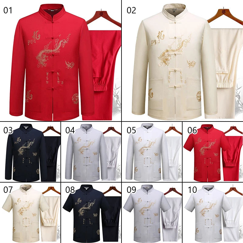 Chinese Traditional Tang Clothing Kung Fu Suit Fashion Casual Embroidery T-shirt Pants Wing Chun Tai Chi Comfortable Men's Set