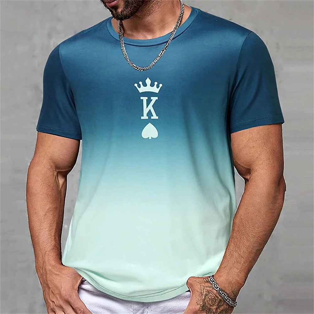 Fashion Gradient Poker Print T Shirts For Men Summer Daily O Collar Polyester Short Sleeve Tee Shirt Large Size Tops Clothing