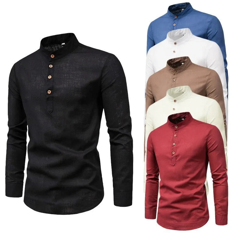 Men's solid color casual slim fitting standing collar long sleeved business shirt shirt