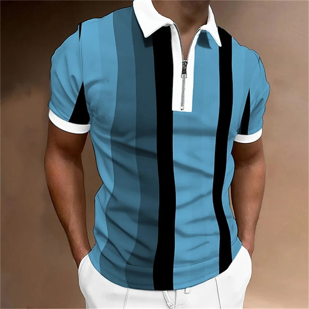 Men Polo Shirt Stripes Short Sleeve T-shirt Male Breathable Tops Business Turn Down Collar Streetwear Luxury Brand High Quality