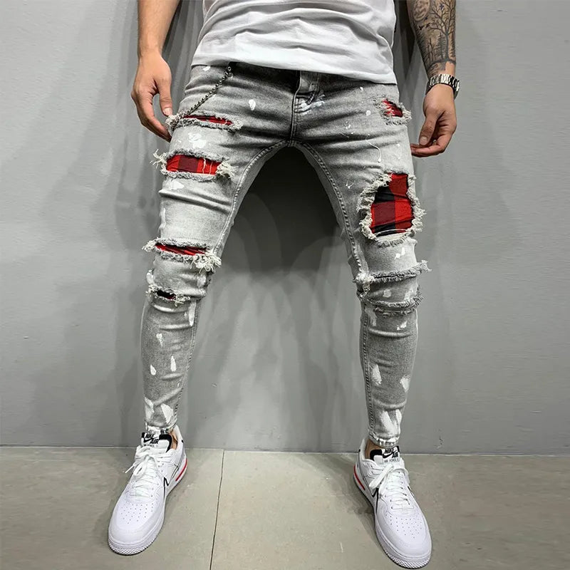 Ripped Jeans Men Stretch Skinny Grey Blue Black Hip Hop Denim Trousers Streetwear Casual Slim Fit Jeans for Men Jogging jean