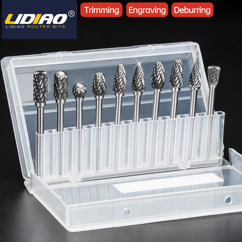 LIDIAO 10Pcs Rotary Carbide Burr Set 1/8" Shank Rotary Tool Bit Woodworking Drilling Metal Polishing Grinding 3mm Rotary File