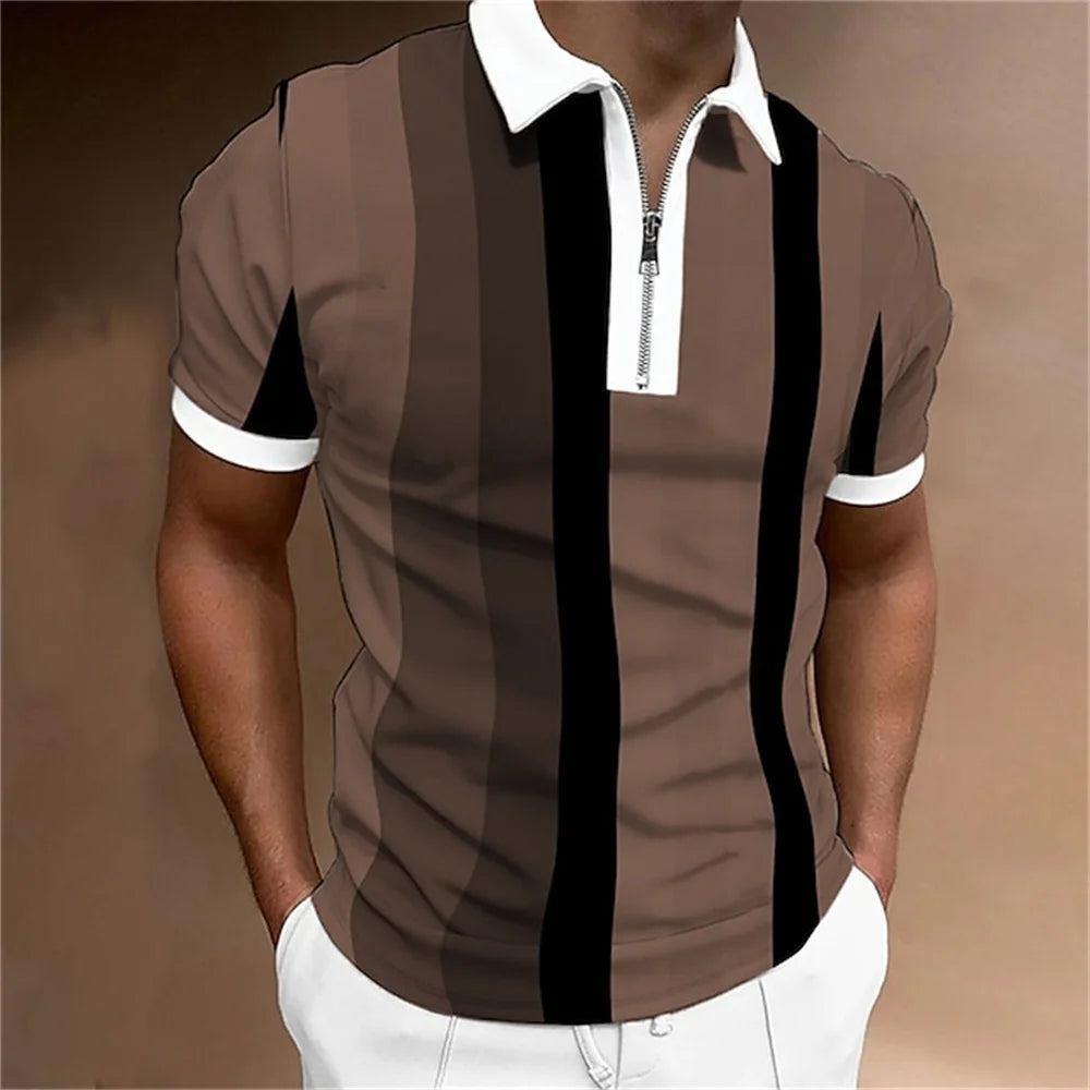 Men Polo Shirt Stripes Short Sleeve T-shirt Male Breathable Tops Business Turn Down Collar Streetwear Luxury Brand High Quality