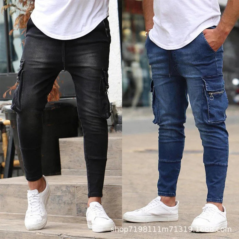 Street Elastic Jeans Men Denim Cargo Pants Wash Solid Color Multi Pockets Casual Mid Waist Trousers Slim Fit Daily Wear Joggers