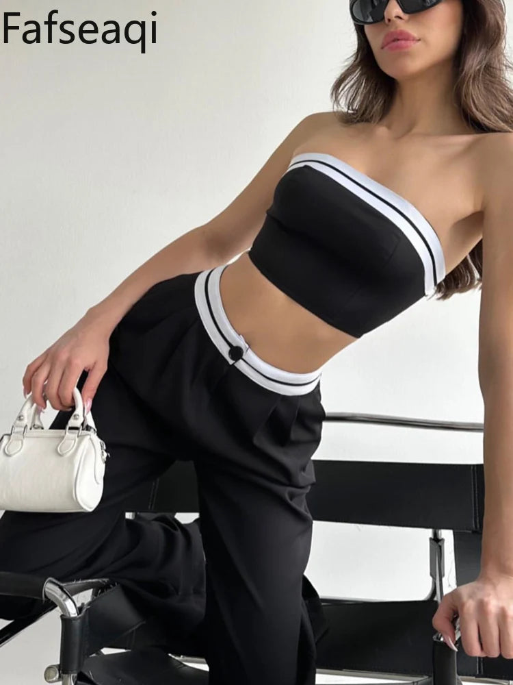 Sexy Women's Tracksuit with Boob Tube Top Slash Neck Contrast Color Wide Leg Trousers Sports Suit for Women Two Piece Set Outfit