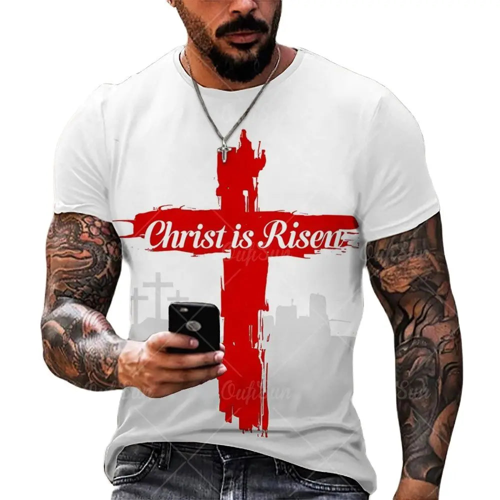 T-shirts For Men Cross Graphic Jesus Christ 3d Print Men's Tshirt Retro Classic Short-sleeved Loose Personality Oversized Tops