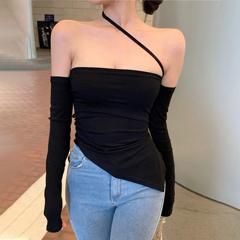 Irregular Women's Sexy Top Shirt Long Sleeve Off-Shoulder Halter Hem Tops Ladies Spring Fall Slim Pullover Shirts Outfits Summer