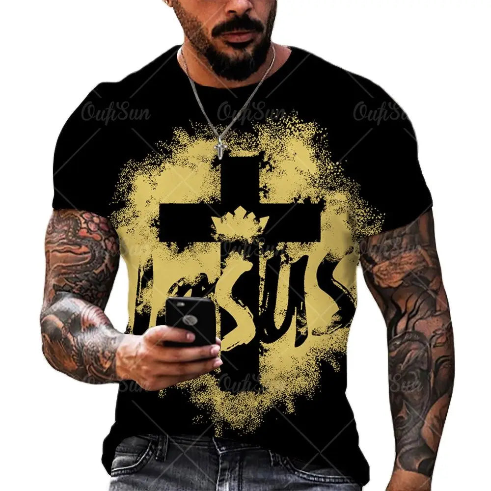 T-shirts For Men Cross Graphic Jesus Christ 3d Print Men's Tshirt Retro Classic Short-sleeved Loose Personality Oversized Tops