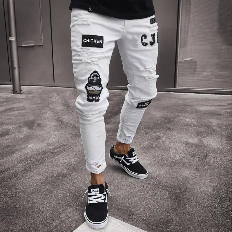 new White Embroidery Jeans Men Cotton Stretchy Ripped Skinny Jeans High Quality Hip Hop Black Hole Slim Fit Oversize Denim Pants